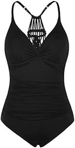 Hilor Ruched One Piece Swimsuit for Women Halter V Neck Swimwear Retro Tummy Control Bathing Suit Black 16