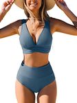 CUPSHE Bikini Set for Women High Waisted Swimming Costume V Neck Ruched Front Wide Straps Two Piece Swimsuit Silver Lake Blue M