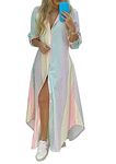 YMING Women's Lapel Collar Long Sleeve Dresses Floor Length Spit Daress Baggy Maxi Dress Stripe S