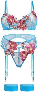 Aranmei Lingerie Set for Women 4 Piece Lingerie Set with Floral Embroidered Lace Sheer Underwire Bra with G-String Thigh Bands with Garter Belt Lingerie Set, Light Blue, L