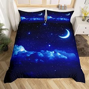 Blue Galaxy Conjuntos de funda nórdica juego de cama sobre el tema del espacio, 220 x 240 cm, cielo estrellado luna funda nórdica para niños Universo microfibra decoración de dormitorio impresa