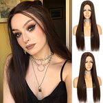 Sapphirewigs Chestnut Brown Straight Wig for Women Long Lace Front Wigs with Middle Part Kanekalon Futura Japanese Synthetic Wig 150% Density Heat Resistant 24inch