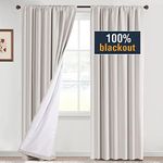 H.VERSAILTEX 100% Blackout Curtains for Bedroom Black Out Heat Blocker Curtains 96 Inch Length 2 Panels Set Thermal Insulated Rod Pocket Window Curtains with White Liner(52x96 inch, Natural)