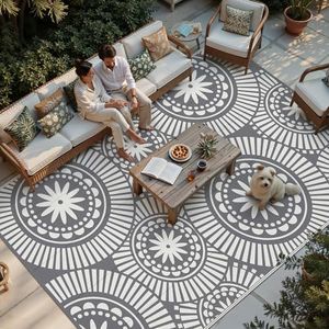 Ileading Large Plastic Outdoor Rug 9x12ft Modern Geometric Style Reversible Patio Area Rugs Waterproof Non Shedding Portable Carpets for Rv Outside Deck Pool Beach Picnic Camping (Grey)