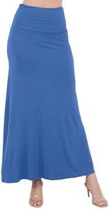 Azules Maxi Skirt for Women- Elegant Long Women's Skirts- Solid Color, Soft, Stretchy, Flowy Boho Rayon- Womens High Waist Fold Over for Any Occasion - Indigo Blue, Small