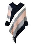 Ferand Women's Elegant Knitted Poncho Top with Stripe Patterns and Fringed Sides, One size, Navy blue & Pink