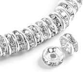 ZHIMIN 200PCS Rondelle Spacer Beads 8mm Silver Plated Czech White Crystal Rhinestone for Jewelry Making