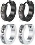 Flongo Nordic Viking Hoop Earrings: Mens Womens Stainless Steel Vintage Rune Huggie Earrings - Men Jewelry Gifts for Husband Boyfriend Brother, Stainless Steel