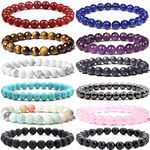 WAINIS 12 Pcs 8mm Gemstones Beaded Bracelets for Men Women Stone Bead Healing Stretch Round Bead Crystal Semi-Precious Bracelets Unisex, Gemstone, Onyx