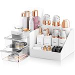 Makeup Desk Cosmetic Storage Box Organizer with Drawers for Dressing Table, Vanity Countertop, Bathroom Counter, Elegant Vanity Holder for Brushes, Lotions, Lipstick and Nail Polish (White-Clear)