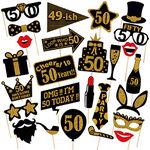 Zyozique Adult 50th Birthday Photo Booth Props (26Pcs) for Her Him Cheers to 50 Years Birthday Party, Gold and Black Decorations,50th Happy Birthday Party Supplies for Men Women