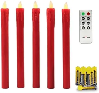 Rhytsing Red 10" Flameless Taper Candles with Timer, Battery Operated Candles, Push-Activated, Wax Drip, Warm White Light, Remote & 10 Batteries Included - Set of 5