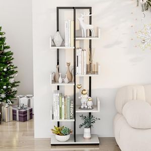 Gadroad 8 Tier Tree Bookshelf, Industrial Wood Bookshelf with Stable Metal Frame, Open Display Rack Bookcase for Living Room, Home Office, Plant Flower, White