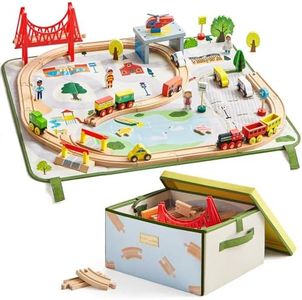 Tiny Land 110pcs Wooden Train Set with Folding Storage Box, Wooden Train Track Toy for Boys & Girls, Age 3-7, Includes Convenient Storage