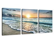 Ocean Wall Art Beach Sunset Canvas Pictures Modern Seascape Canvas Artwork Waves Contemporary Nature Prints Bathroom Bedroom Living Room Office Wall Decor Framed Ready to Hang 30cm x 40cm x 3 Pieces