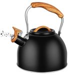 Flintronic 3L Whistling Kettle, Stainless Steel Stove Top Kettle, Stove Induction Kettle with Wood Grain Handle, Whistling Teapot Kettle for Kitchen Gas Hob, Induction Cooker, Black