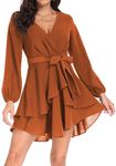 PCEAIIH Women's Cocktail Dresses Short/Long Sleeve Empire Skater Dress Deep V-Neck Waist Tie Ruffle Mini Swing Dresses 2XL Brown