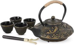 Abhsant Fish Cast Iron Teapot Set Stove Top Tea Kettle with 4 Cups Japanese Style Tetsubin Tea Set,with Stainless Steel Infuser(26oz,750ml)(AB-03)