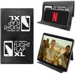 Flight Flap Airplane Tablet Holder, Extra Large 12x7” Flexible Cell Phone and Tablet Holder, Folding Cellphone Stand for Desk, Kindle, Bed, Long Flight Travel Accessories, Plane Essentials (Black)