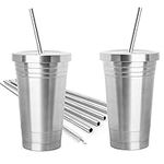 2 Pack 16oz Stainless Steel Tumblers with Straws - Insulated and Leak-Proof - Ideal for Smoothies, Coffee, and Other Hot and Cold Drinks