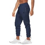 BROKIG Mens Ankle Cords Gym Jogger Pants with Zipper Pockets Workout Athletic Jogging Sweat Tapered Sweatpants (Navy Blue,XX-Large)