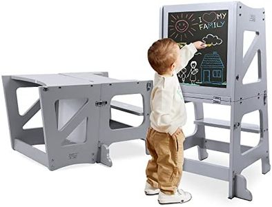 YOLEO 2in1 Lernturm Kinder Tritthocker Lernstuhl Kinderhocker Faltbarer Kinderschemel für Baby,mit doppelseitiger magnetischer Tafel,Umweltschutz,Küchen-/Badezimmerhelfer (Grau)