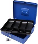 Cathedral Products Key Lockable Cash Box with Lift Out 9 Compartment Coin Tray - 12 Inch - Blue