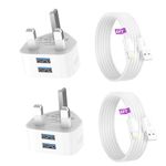 BIHPJD iPhone Charger, 2 Pack Dual USB Plug UK 2.4A Adaptor Charger Mains Charge Double Port Wall Plugs with 6FT Lightning Cable Charging for iPhone 15 14 13 12 11 XS XR X 8 7 6,iPad Pro 2018,Samsung