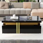 Merax Coffee Table with Marble Pattern Top, Rectangular Side Table, 2 Wooden Drawers and 4 Open Storage Areas, Modern Coffee Tables for Living Room, Black, 100x50x40cm