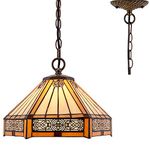 Tiffany Hanging Light W12H40 Inch Amber Stained Glass Pendant lamp 2*E26 Hexagon Style S011 WERFACTORY Series Lamps Chandelier Ceiling Fixture Kitchen Island Bar Hallway Living Room Dining Room Loft