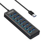 VANOTOM USB 3.0 Hub, 7-Port USB Hub Splitter with LED Individual On/Off Switches and 3ft Extended Long Cable for Laptop, MacBook, Surface Pro, PS4/5, Flash Drive, HDD