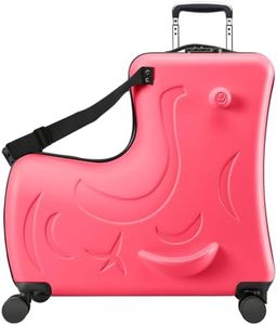 AO WEI LA OW Ride on Hard Shell Kids Luggage with 4 Spinner Wheels for Girls and Boys, Rolling Childrens Travel Suitcase with Seat and Safety Belt for Toddler Ages 6-12, Checked size 25 Inch, Red