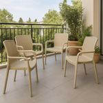Supreme chairs Texas Plastic Armchair, Weather-Resistant & Ergonomic Rattan-Textured Chair for Home, Garden, Balcony & Office-Dark Beige, Set of 4