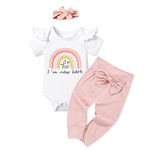 Newborn Baby Girl Clothes Infant Baby Girls Outfits Toddler Short Sleeve Letter Print Top Romper Bow Pants with Headband 3Pcs Clothing Set 0-1 Months