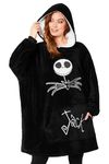 Disney Fleece Hoodie for Adults and Teenagers Oversized Hooded Poncho One Size - Stitch Gifts (Black Jack Skellington)