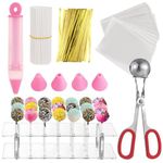 YOFAPA Cake Pop Maker Kit, Lollipop Treat Bag Set, Including 100 Lollipop Sticks, 100 Lollipop Wrappers, 100 Twist Ties, 1 Lollipop Stand, 1 Decorating Pen, 1 Meat Baller with Handle for Candies