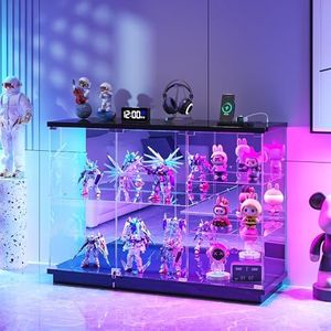 Lvifur RGB Glass Display Cabinet - with Lock, High Gloss Sideboard with Human Body Sensor & Glass Shelves for Toys, Books, Collectibles, Liquor, Bookcase for Living Room, Kitchen, Study, Black