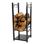 Sunnydaze Outdoor Firewood Log Rack with Tool Holder Hooks - Powder-Coated Steel Space-Saving Design - Black