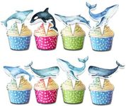 24 Pcs Blue Whale Cupcake Toppers - Ocean Animals Party Decorations for Kids Birthday, Baby Shower, or Underwater Theme Party Supplies