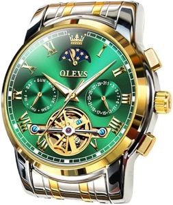 OLEVS Mens Automatic Watches Large Face Stainless Steel Strap Men Tourbillon Watch Classic Self Winding Men Green Watch Luxury Waterproof Men Dress Watch