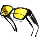 KANASTAL Headlight Night Driving Over Glasses Men Anti Glare Driving Womens Yellow Tinted Glasses Fit Over Glasses Square Oversized - Black Frame Yellow Lens