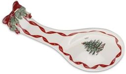 Spode Christmas Tree Ribbons Spoon Rest, 9.25" Festive Holiday Cooking Utensil Holder, Fine Earthenware - Ladle Holder for Kitchen Countertop - Dishwasher Safe, Christmas Kitchen Décor