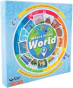 Fizz Creations Where in The World? Game. Identify Famous Landmarks & Flags to Locate On Map. Test Your Geography Skills. for 2+ Players. Ages 8+. Playtime Approx. 20 Minutes.