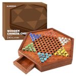 ALANGDUO Wooden Chinese Checkers With Drawers | 12.7 Inches Natural Wooden Board Game| Includes 60 Colorful Glass Marbles | Adults, Kid Classic Strategy Game, Adults, Kid