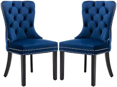 AADEN Velvet Fabric Dining Chairs Luxury Tufted Back with Nailed Trim and Back Ring Pull Home Kitchen Dining Room Chairs Armless Side Chairs Solid Rubber Wood Legs, Set of 2 (Blue)