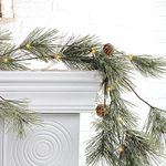 6.4ft Smokey Christmas Garland, Prelit Natual Rustic Cedar Pine Garland with Pine Cones, and LED Lights String for Home New Year, Pendant Lights, Mantle, Farmhouse Indoor Outdoor Decoration