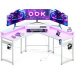 ODK Gaming Desk with LED Lights, Corner Gaming Desk with 2 Sockets and 2 USB Charging Ports, L Shaped Gaming Desk with Monitor Stand, White Carbon Fiber, 129 x 129 cm