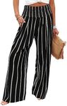 Angerella Womens Casual Palazzo Wide Leg Pant with Pockets Comfy High Waist Baggy Loose Black Stripe Pants Plus Size 3XL