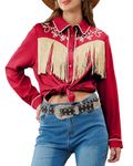 JOHN MOON Women's Fringe Western Button Down Shirts with Studs Floral Embroidered Cowgirl Tops Country Style Snap Blouses, Red, S