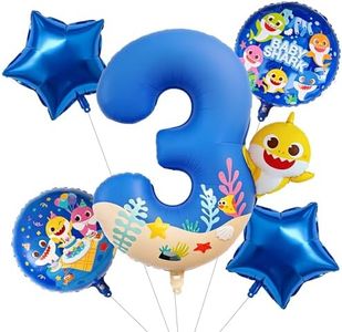 PartyWoo Baby Shark Blue Foil Round Star Mylar Number 3 Balloons 5pcs
